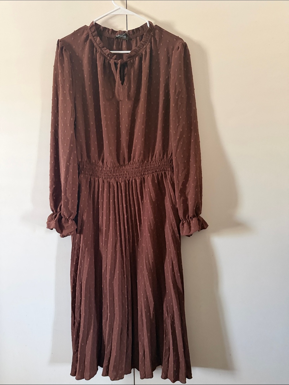 Brown Long Sleeve Pleated Midi Dress - Elegant Everyday